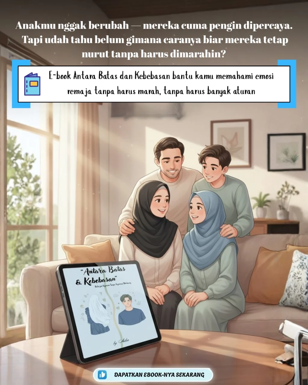 ayah, ibu, dan 2 anak remaja sedang mengobrol bersama